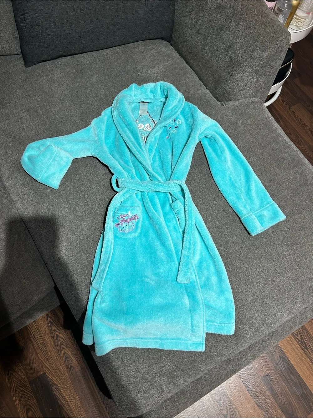 Joe Boxer- girls M- 7/8- Kids Plush Bath Robe in Aqua - Soft Hooded Wrap